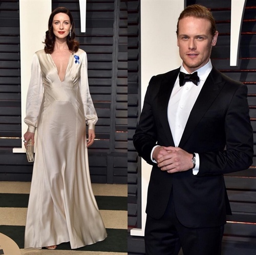 Caitriona Balfe in Alberta Ferretti and Sam Heughan in Zegna