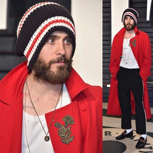 Jared Leto in Gucci T-shirt and beanie