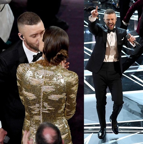 Justin Timberlake opened the show with Can´t stop the feeling and then kissed Jessica Biel