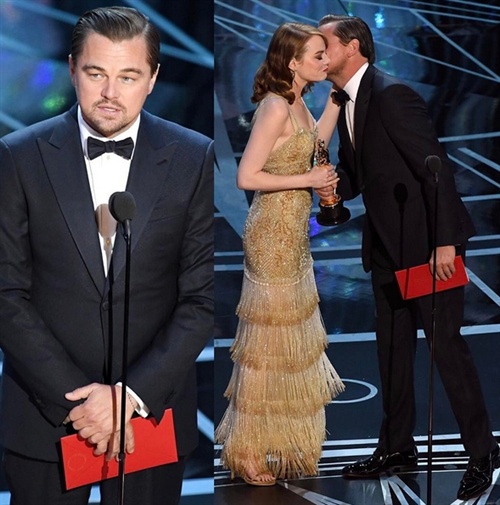 Leonardo DiCaprio presents Emma Stone with Best Actress