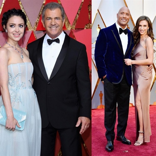 Mel Gibson with Rosalind Ross and Dwayne Johnson with Lauren Hashian