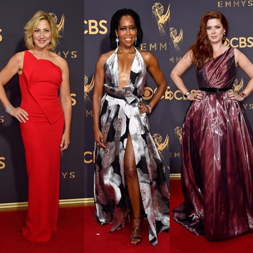 Edie Falco, Regina King (in Galia Lahav), & Debra Messing (in Romana Keveza) attend the Emmys