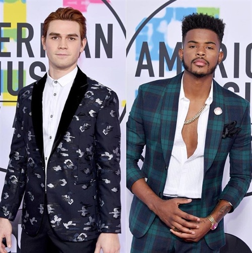 Riverdale actor KJ Apa and Grownish actor Trevor Jackson wear blazers with daring prints at the AMAs