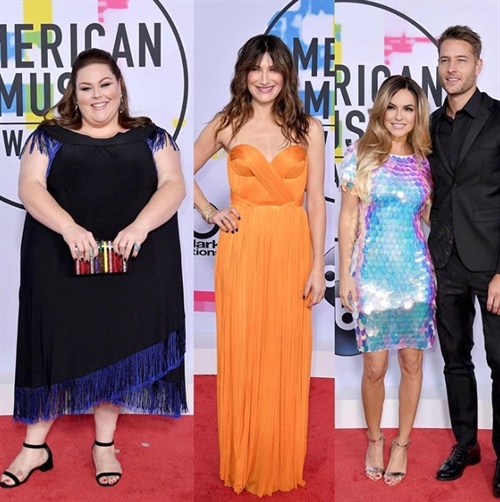 This Is Us stars Chrissy Metz and Justin Hartley hit the red carpet at the AMAs with his Bad Moms Christmas costar Kathryn Hahn