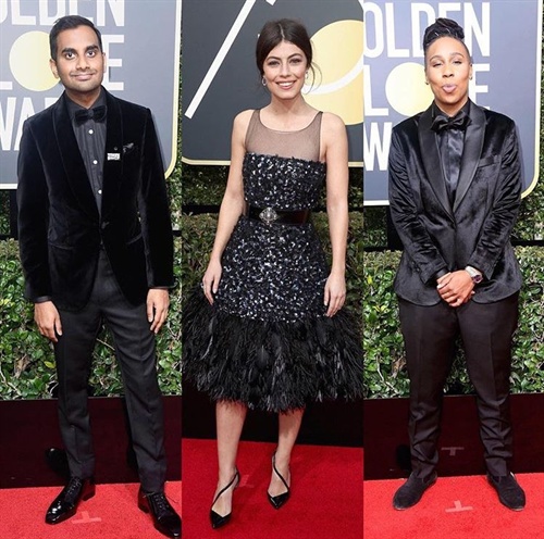 Aziz Ansari in Zegna alongside Master Of None costars Alessandra Mastronarsi in Chanel and Lena Waithe in Alba