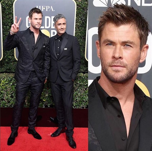 Chris Hemsworth in Etro alongside Thor director Taiki Waititi at Golden Globes