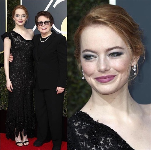 Emma Stone in Louis Vuitton alongside Billie Jean King at Golden Globes