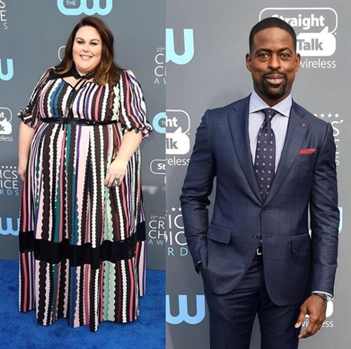 This Is Us star Chrissy Metz in Eloquii alongside costar Sterling K Brown in Isaia