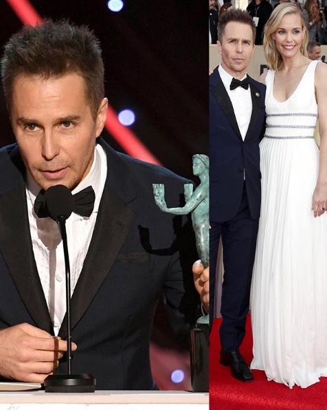 Sam Rockwell picks up Best Supporting Actor for his work in Three Billboards. Both he and Leslie Bibb wore Prada.