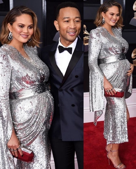 Pregnant Chrissy Teigen in Yanina Couture alongside husband John Legend