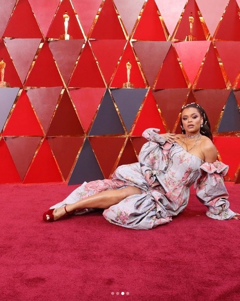 Andra Day in pink Nina Ricci after an an off-the-shoulder Zac Posen look 3