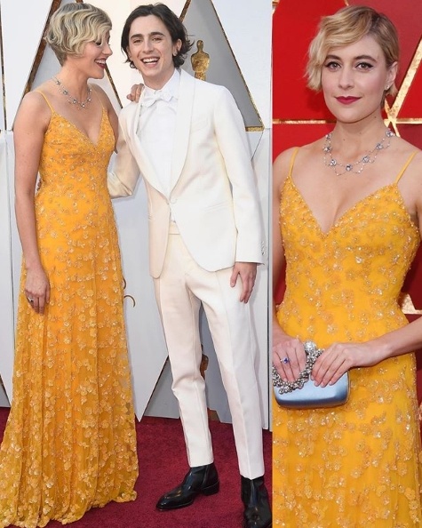 Director Greta Gerwig in Rodarte with her Lady Bird actor Timothee Chalamet