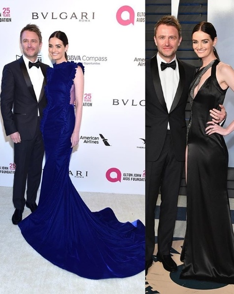 Lydia Hearst in a blue John Paul Ataker gown alongside husband Chris Hardwicke