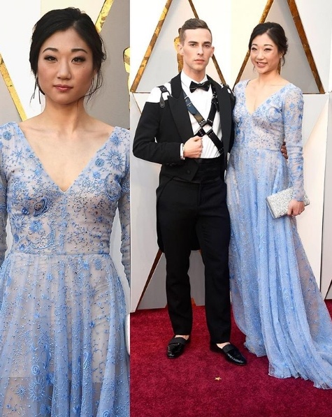 Mirai Nagasu in Tadashi Shoji accompanies fellow Olympic figure skater Adam Rippon