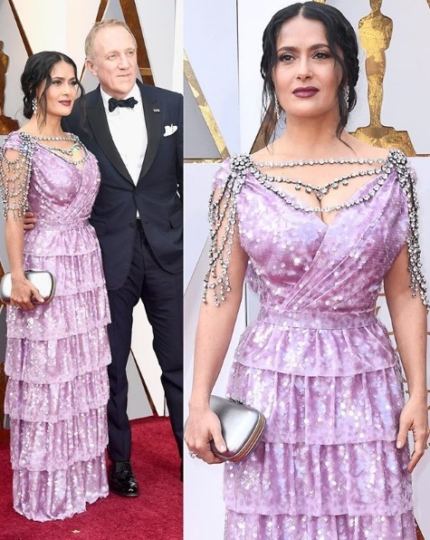 Salma Hayek in Gucci alongside husband Francois Henri Pinault