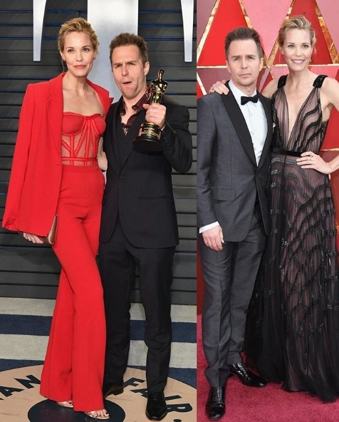 Sam Rockwell with Leslie Bibb, who went from a black J Mendel gown to a red Pamella Roland pantsuit